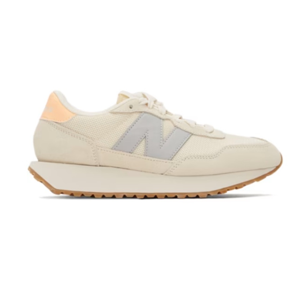 New Balance Women’s Cream Suede & Mesh Sneakers with Grey Logo and Peach Accent